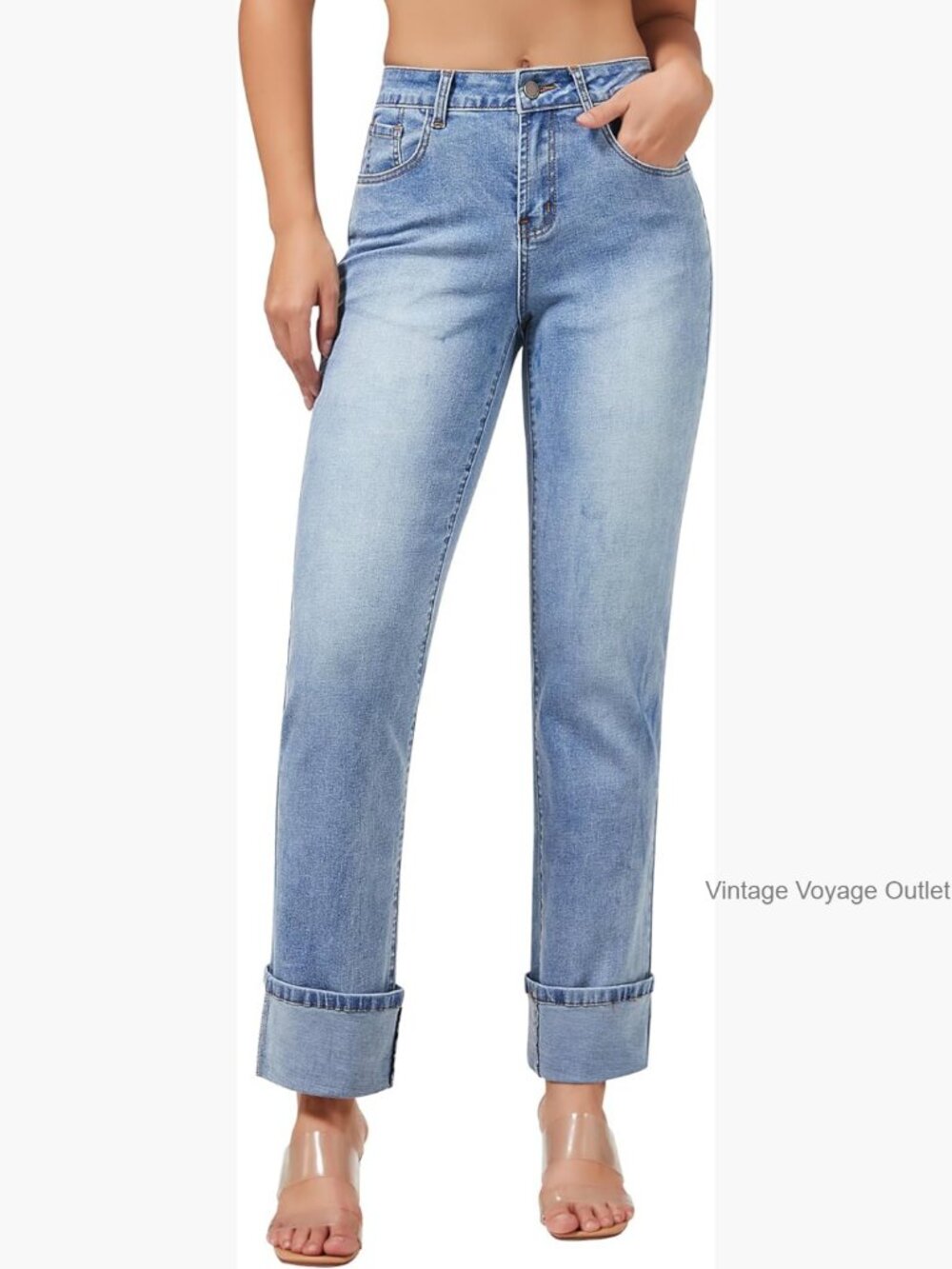High Waisted Straight Leg Boyfriend Jeans Stretchy Cuffed Denim Pants
